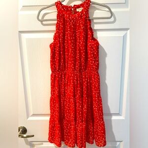 Monteau Los Angeles, red with white birds, scallop sleeve sleeveless dress